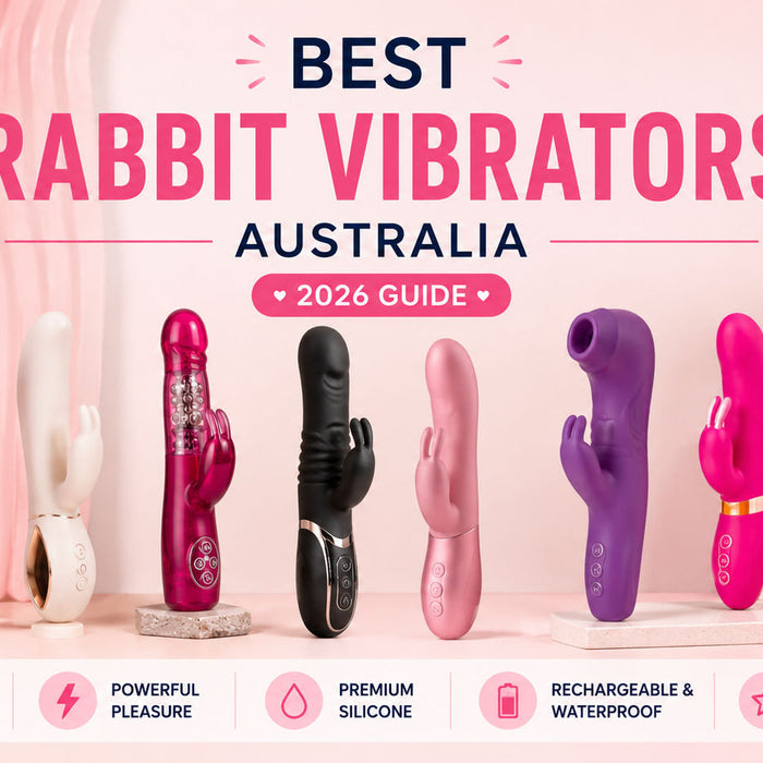 a lineup of colourful rabbit vibrators on a soft pink background with bold modern typography and icons highlighting dual stimulation, premium silicone, waterproof design, and rechargeable features