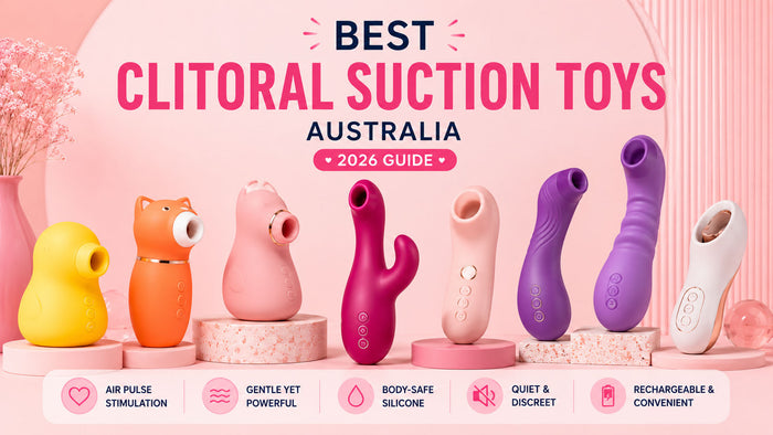 Best Clitoral Suction Toys Australia 2026 guide, featuring a lineup of colourful suction stimulators on a soft pink background with modern typography and icons highlighting air pulse stimulation, body-safe silicone, quiet operation, and rechargeable desig