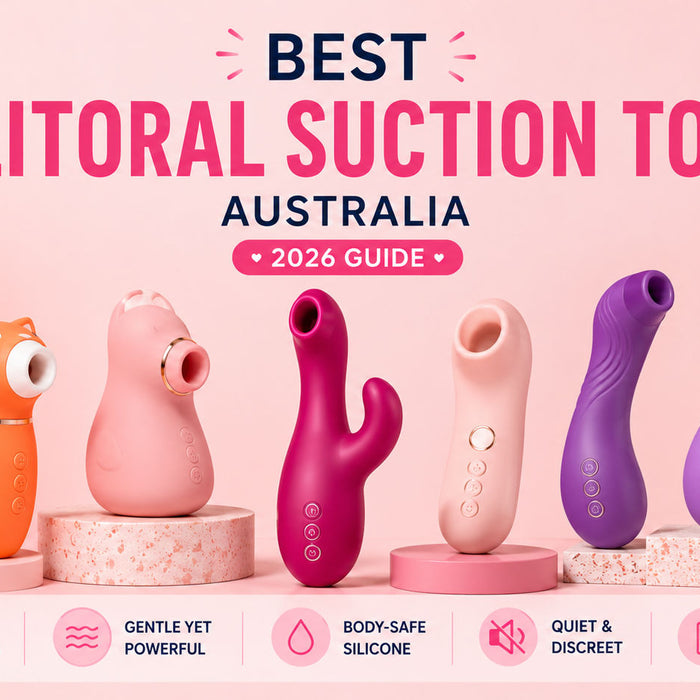 Best Clitoral Suction Toys Australia 2026 guide, featuring a lineup of colourful suction stimulators on a soft pink background with modern typography and icons highlighting air pulse stimulation, body-safe silicone, quiet operation, and rechargeable desig
