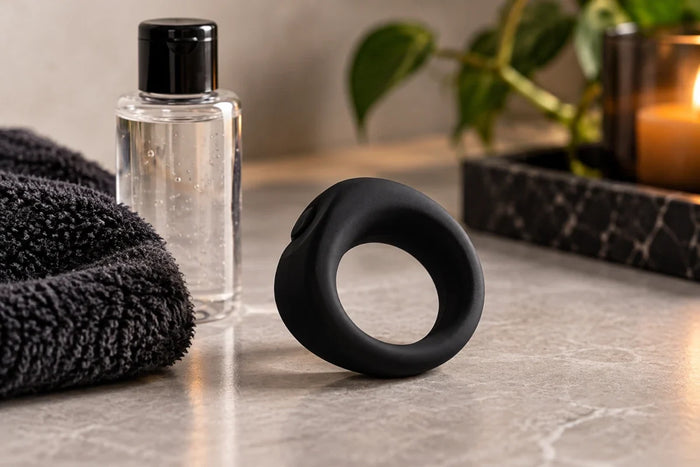 Black silicone cock ring with lubricant and towel on a bathroom vanity