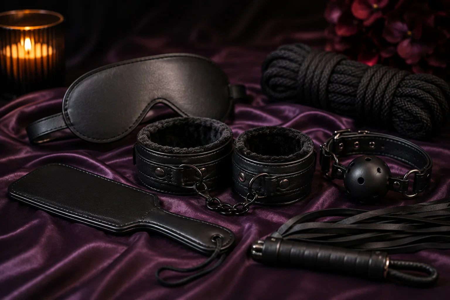 Beginner-friendly BDSM accessories including restraints, blindfold, paddle and ball gag arranged for a guide to bondage and kink in Australia.