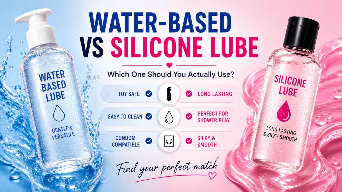 Image comparing water-based and silicone lubricant, featuring two lube bottles on a pastel pink and blue background with text highlighting key differences including toy safety, easy cleanup, long-lasting glide, and shower compatibility.