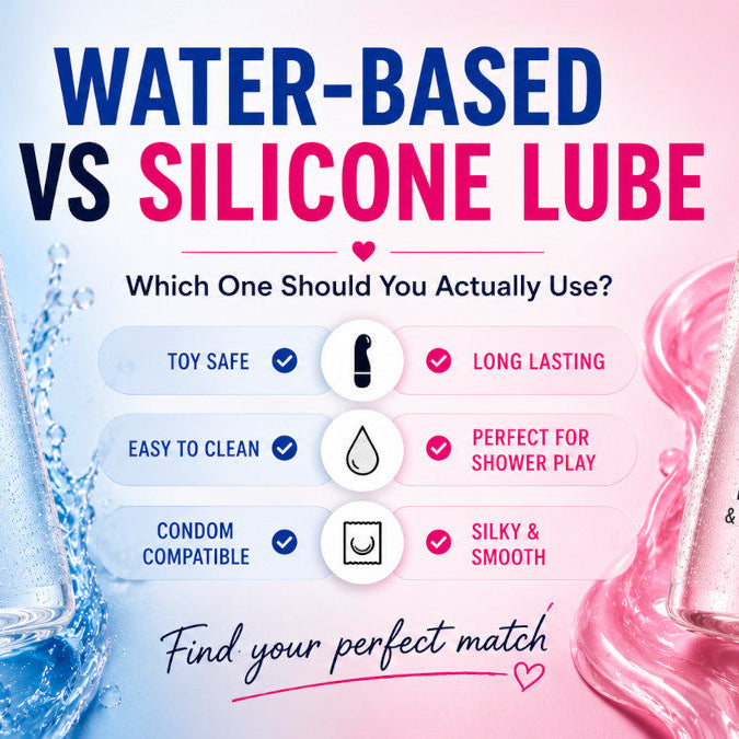 Image comparing water-based and silicone lubricant, featuring two lube bottles on a pastel pink and blue background with text highlighting key differences including toy safety, easy cleanup, long-lasting glide, and shower compatibility.