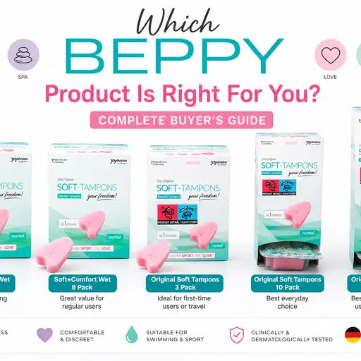 Beppy Soft Tampons comparison guide showing Soft+Comfort Wet and Original stringless tampon pack sizes available at BuzzVibes.