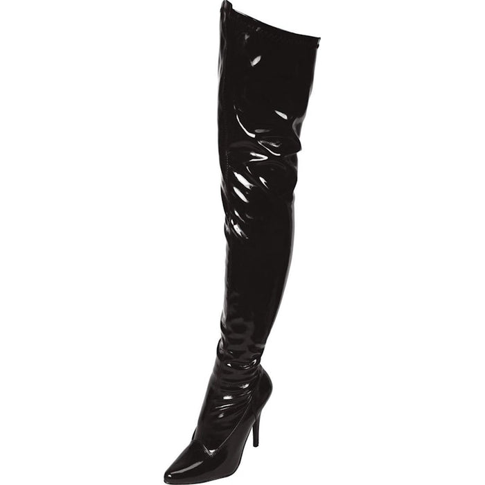 Black Pointed Toe Thigh High Boot 3in Heel