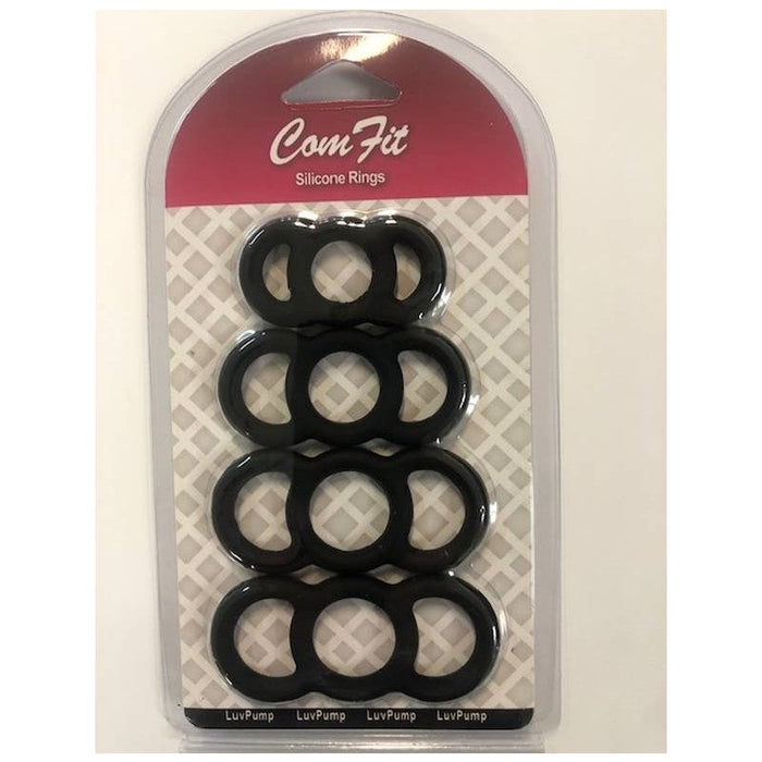 LuvPump Silicone Cock Ring Set, Black, 15mm-23mm, 4-pack