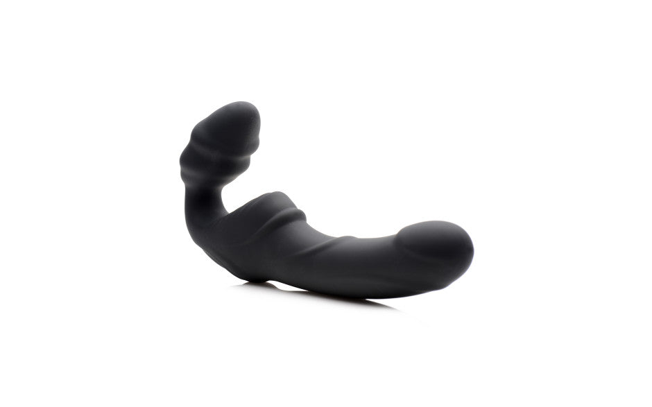 Strap U Slim Rider Ribbed Vibrating Silicone Strapless Strap On, Black