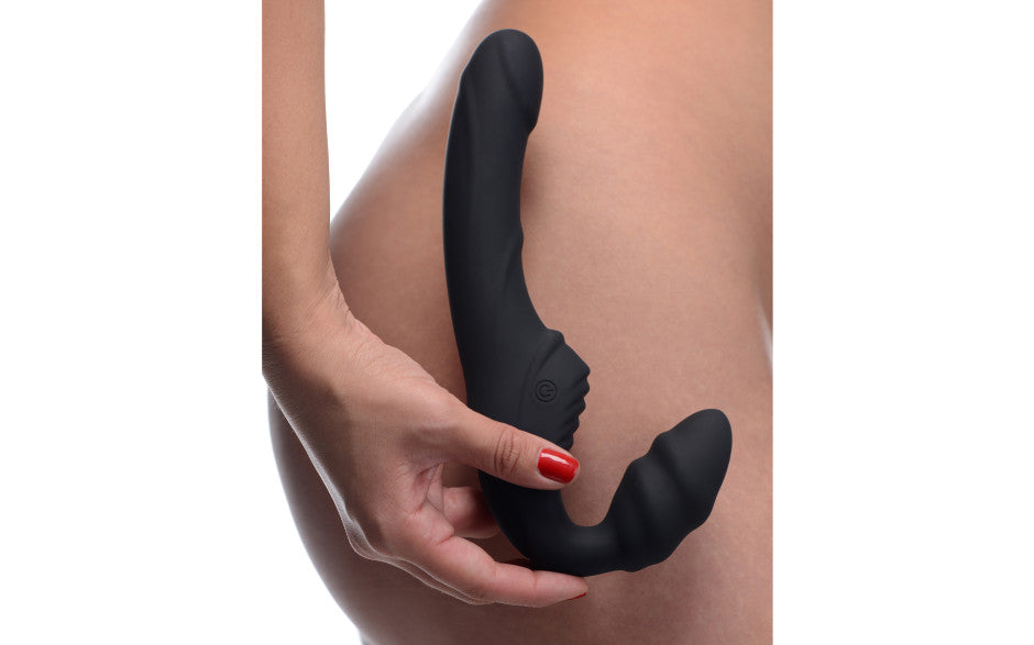 Strap U Slim Rider Ribbed Vibrating Silicone Strapless Strap On, Black