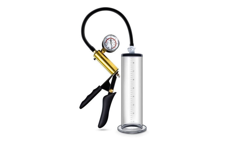 Performance VX6 Brass Pistol Penis Pump with Gauge, 9" x 2" (22.9cm x 5.1cm), Clear