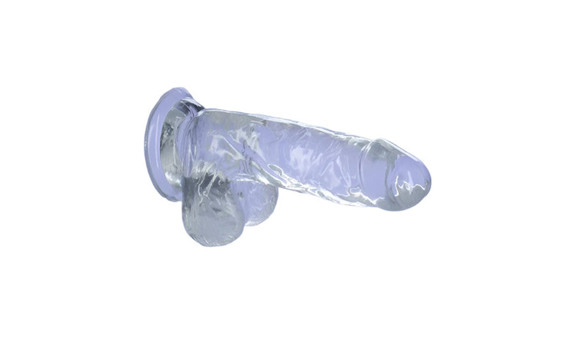 Addiction Crystal Dildo w Balls, 6in/15cm, Clear