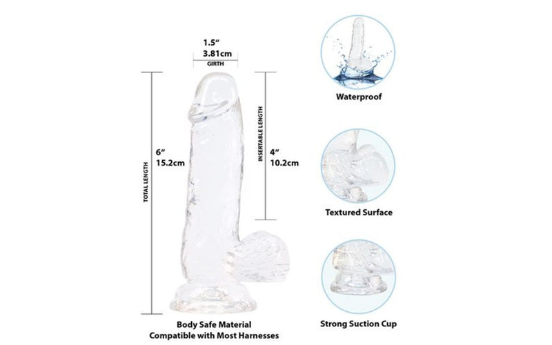 Addiction Crystal Dildo w Balls, 6in/15cm, Clear