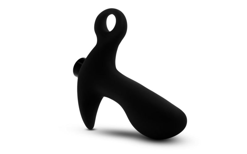 Rear view of the black prostate massager showing its handle and base
