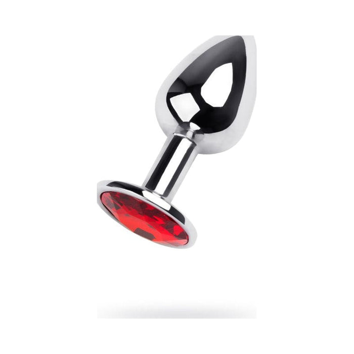 Metal Anal Plug with Red Ruby Gem, Small (7cm), Silver