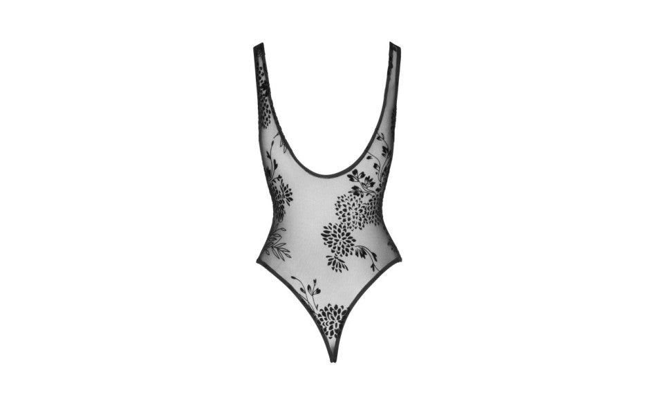Noir Tulle Bodysuit with Patterned Flock Embroidery, Black, S/M/L