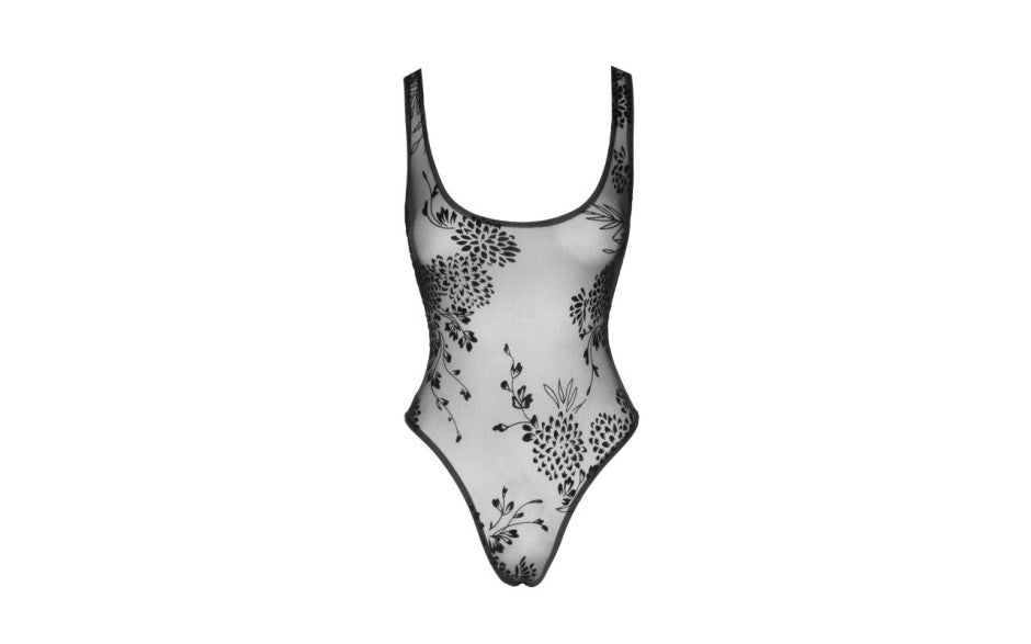 Noir Tulle Bodysuit with Patterned Flock Embroidery, Black, S/M/L