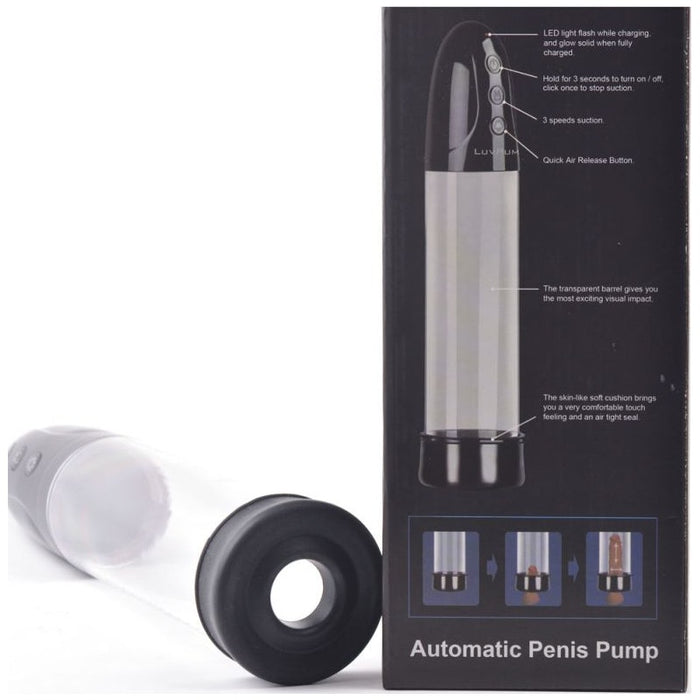 LuvPump Automatic 3 Mode Penis Pump w Sleeve and Donut, Black/Clear