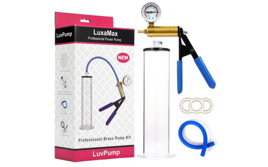 LuxaMax Brass Handle Penis Pump Set w Gauge, 2.25" x 9" (5.7cm x 22.8cm)