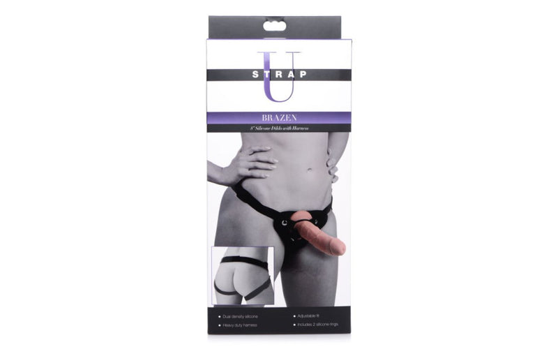 Brazen 8" Silicone Dildo w Harness, Flesh