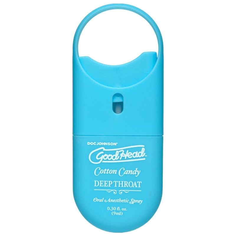 A blue GoodHead Deep Throat Spray bottle with the brand and product name, along with the description 'Oral  Anaesthetic Spray', printed on it.