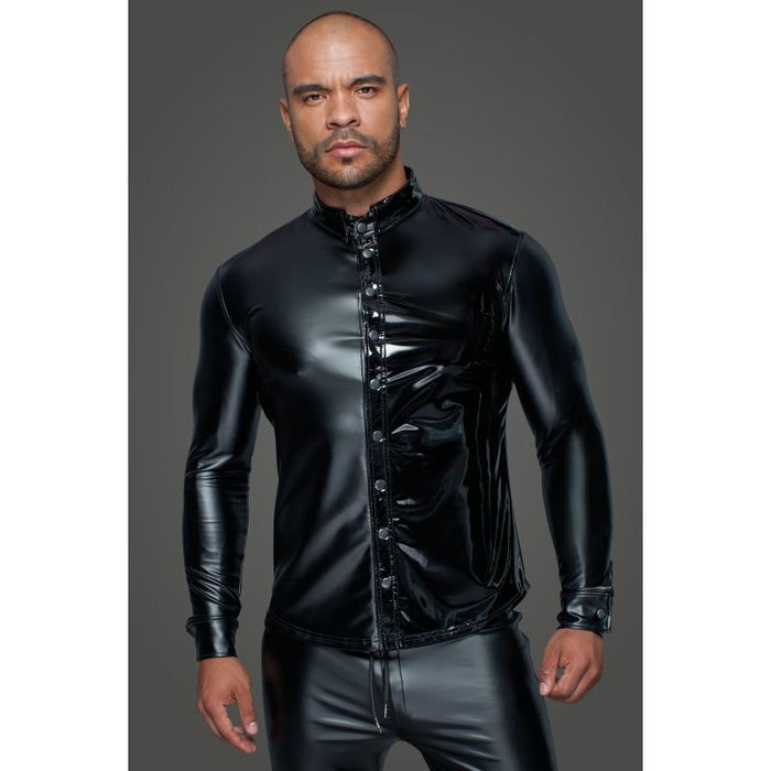 Noir Powerwetlook PVC Long Sleeved Shirt w Button Placket, Black, S, M, L, XL