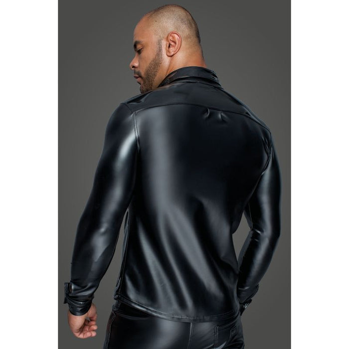 Noir Powerwetlook PVC Long Sleeved Shirt w Button Placket, Black, S, M, L, XL