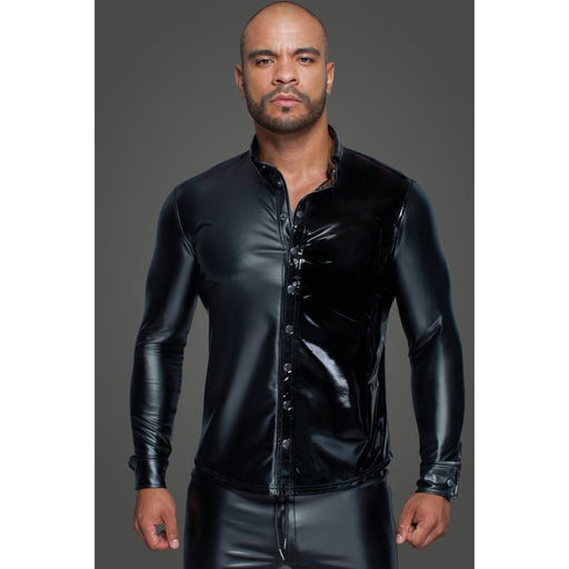 Noir Powerwetlook PVC Long Sleeved Shirt w Button Placket, Black, S, M, L, XL