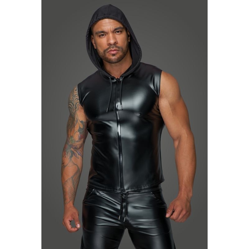 Noir Powerwetlook Sleeveless Hooded Shirt w 2 Way Zipper, Black, S, M, L, XL
