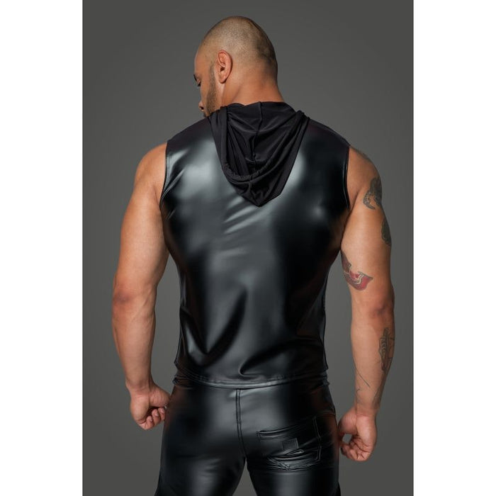 Noir Powerwetlook Sleeveless Hooded Shirt w 2 Way Zipper, Black, S, M, L, XL