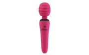 Pink handheld massager with a textured head on a white background