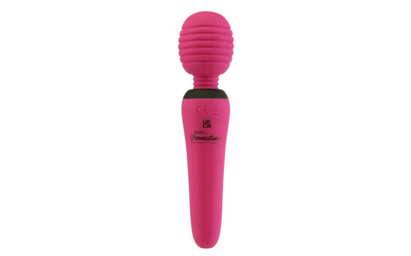 Pink handheld massager with a textured head on a white background