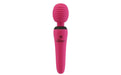 Pink handheld massager with a textured head on a white background