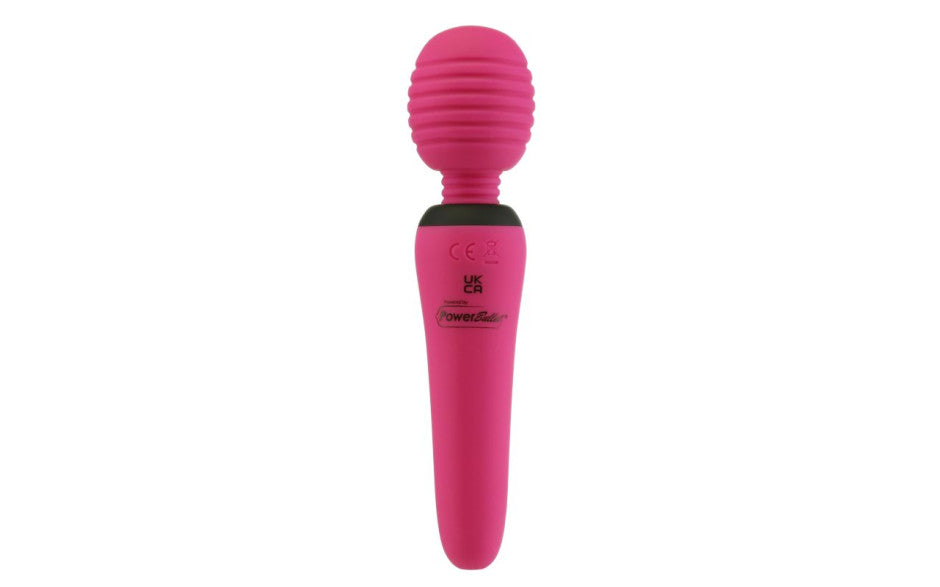 Pink handheld massager with a textured head on a white background