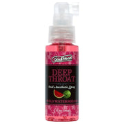 A pink spray bottle labeled 'GoodHead Deep Throat Wild Watermelon' with an image of a watermelon slice and a green bottle cap.