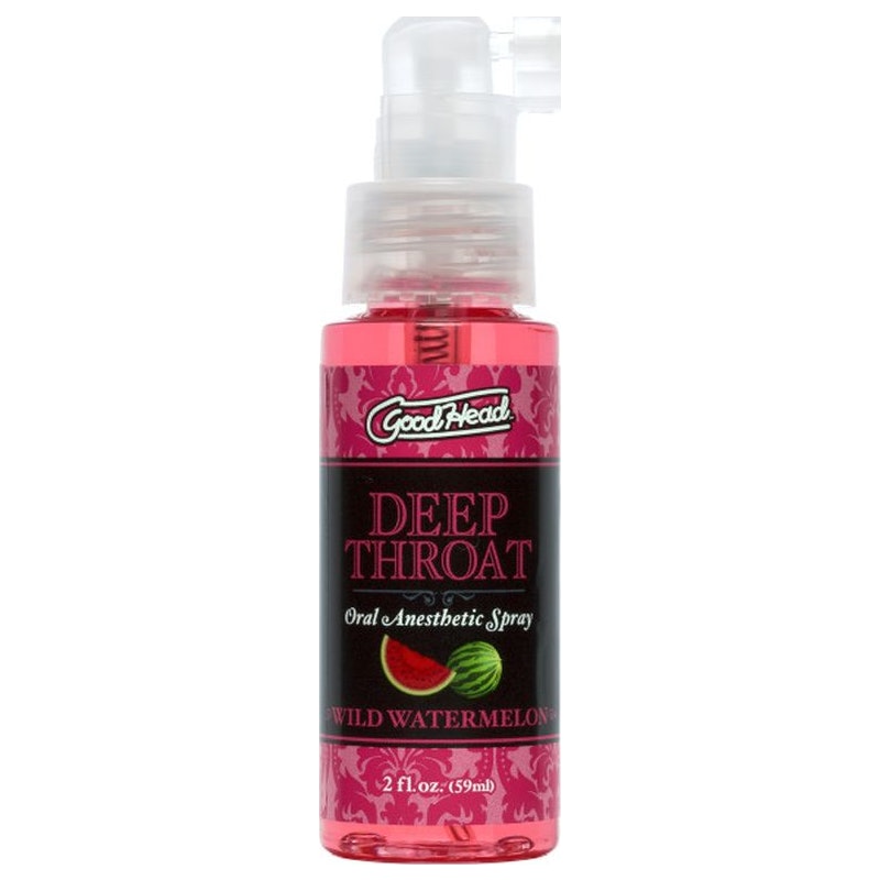 A pink spray bottle labeled 'GoodHead Deep Throat Wild Watermelon' with an image of a watermelon slice and a green bottle cap.