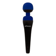A blue and black PalmPower massage wand with a silicone head, featuring a sleek design and a button on the handle for controlling speeds.