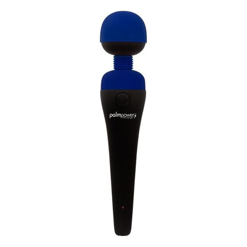A blue and black PalmPower massage wand with a silicone head, featuring a sleek design and a button on the handle for controlling speeds.