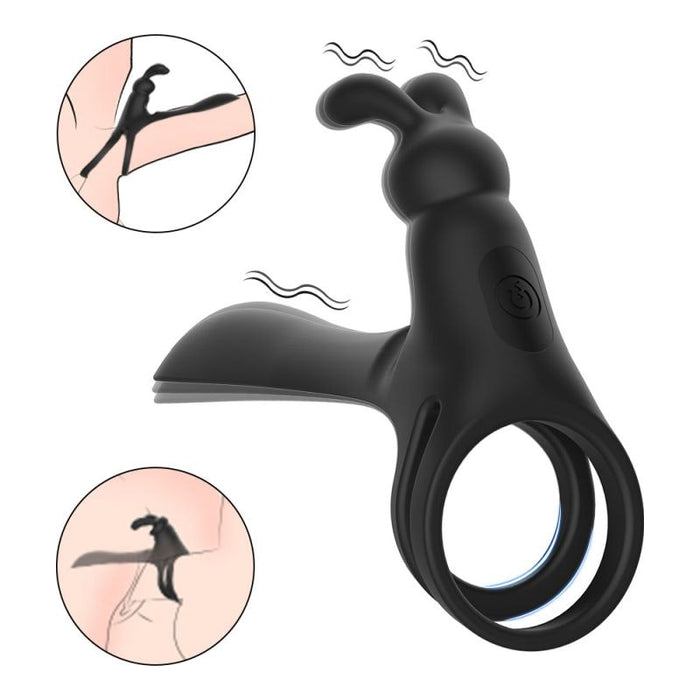 Tusky Remote Control Vibrating Penis Shaft and Rabbit Ear Clit Stim Enhancer