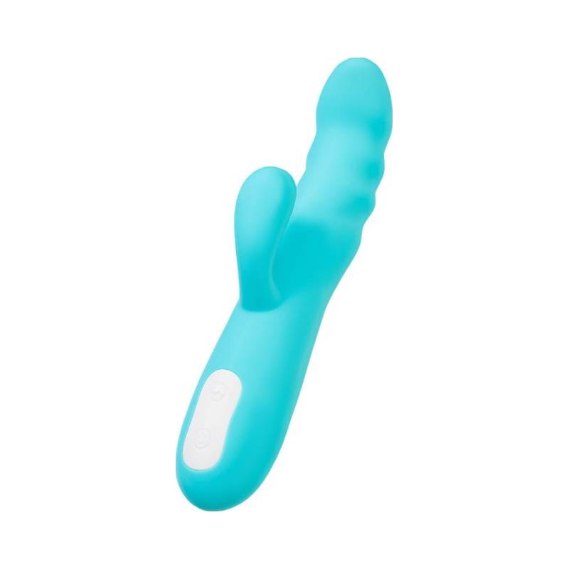A light blue silicone rabbit vibrator with a rotating shaft, featuring two stimulation units and a handle with a button. The product is sleek and designed for intimate pleasure.