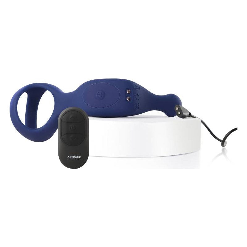 Arosum Underquaker Vibrating Anal Probe with Cockring and Remote, Blue