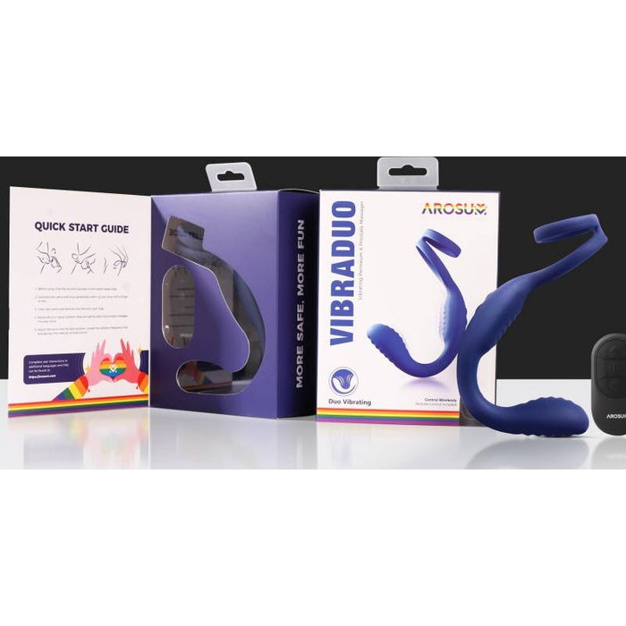 Arosum VibraDuo Vibrating Anal Probe and Perineum Stim with Cockring, Blue