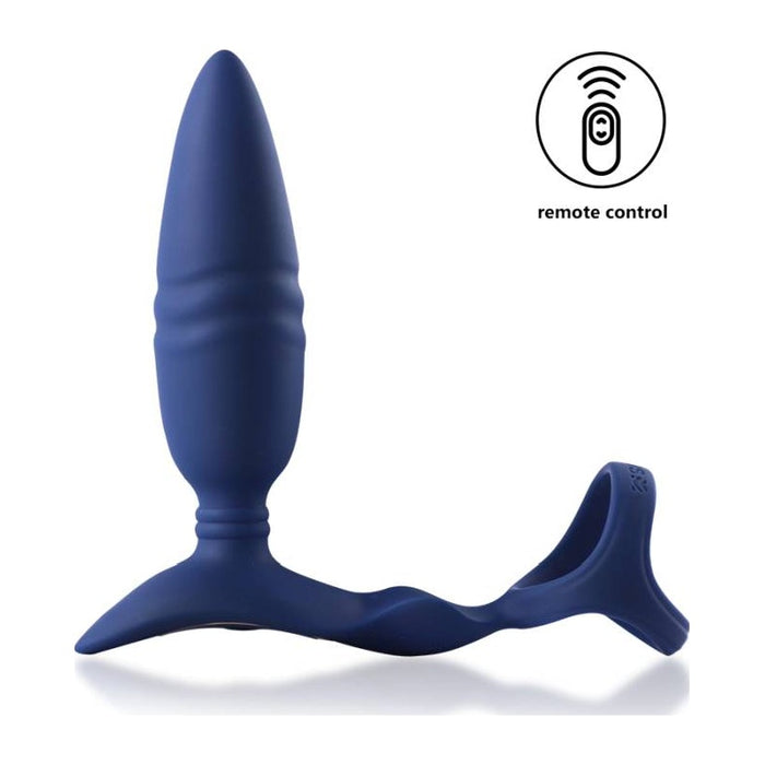 Arosum Ring'n'Rear Dual Thrusting Anal Probe with Cockring and Remote, Blue