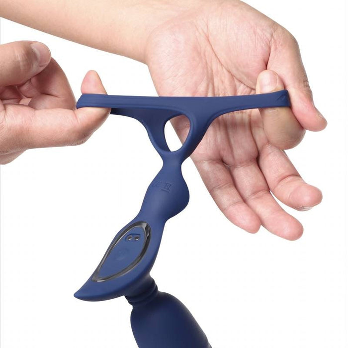 Arosum Ring'n'Rear Dual Thrusting Anal Probe with Cockring and Remote, Blue