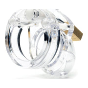 A clear CB-X Mini-Me cock cage made from medical grade polycarbonate, featuring a series of rings for locking.