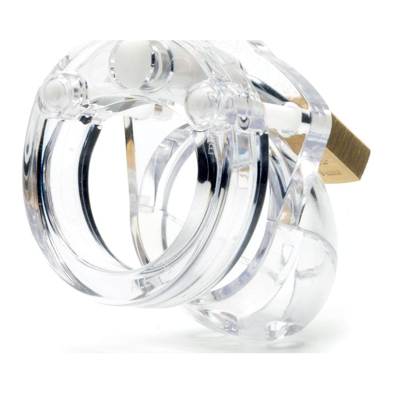 A clear CB-X Mini-Me cock cage made from medical grade polycarbonate, featuring a series of rings for locking.