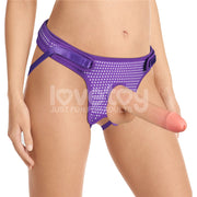 A purple strap-on harness with adjustable straps and velcro sides, displayed on a model.