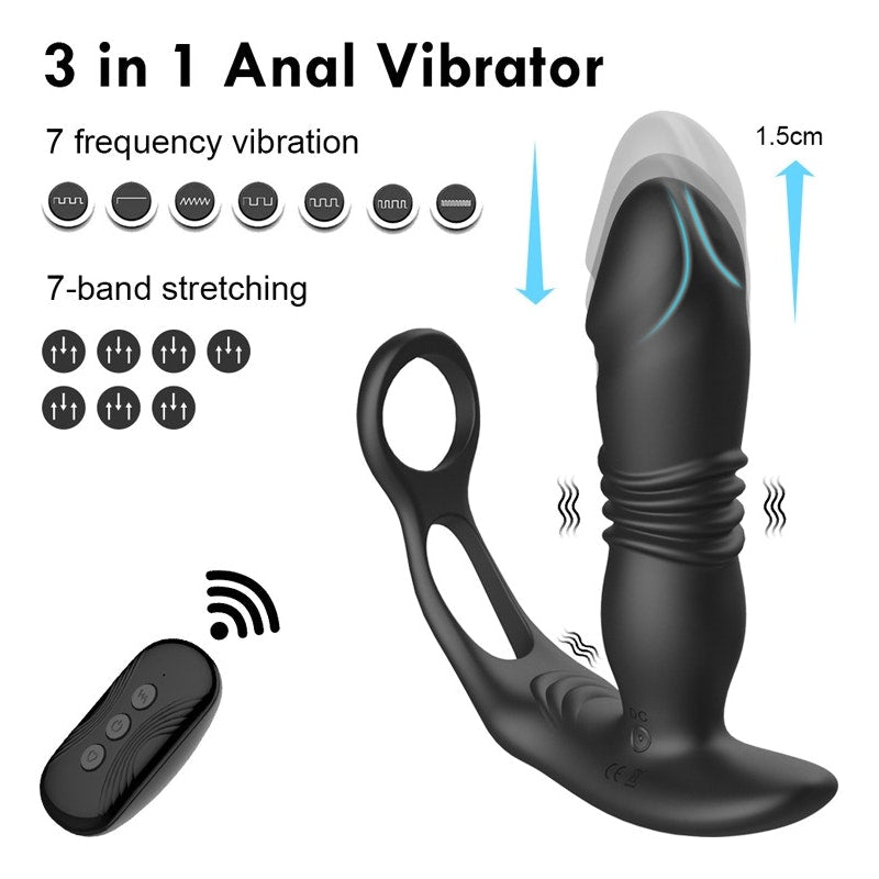 X-MEN Thrusting Silicone Butt Plug with Cockring and Remote, Black