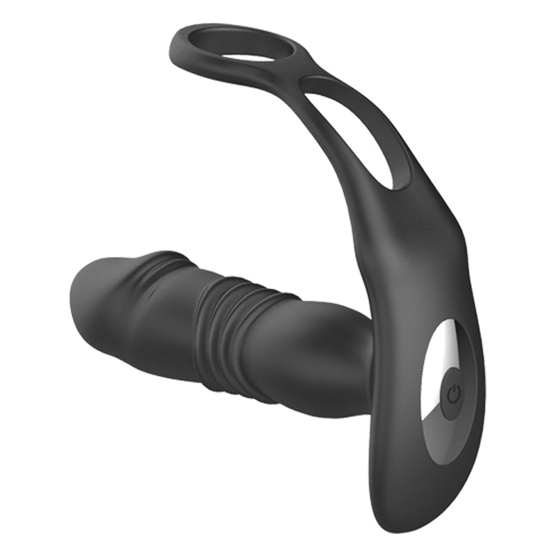 X-MEN Thrusting Silicone Butt Plug with Cockring and Remote, Black