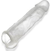 A clear, ultra-slim cock sheath designed to fit over the penis, with a textured surface and a rounded tip.