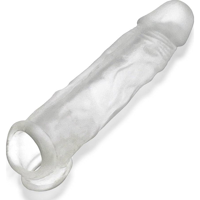 A clear, ultra-slim cock sheath designed to fit over the penis, with a textured surface and a rounded tip.