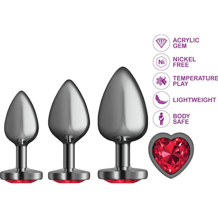 Cheeky Charms Round Metal Butt Plug 3-piece Kit, Gunmetal